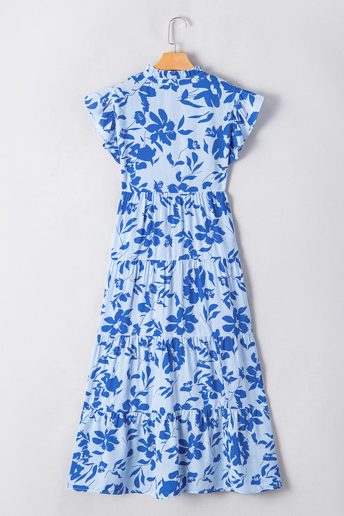 Floral Print Tiered Frilled Trim Flutter Sleeve Maxi Dress